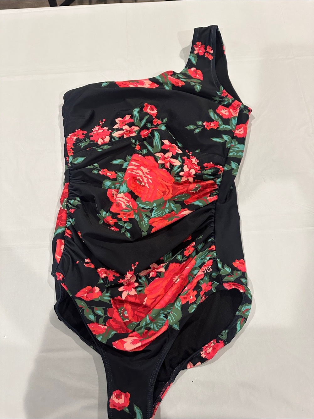 Albion Black One-Shoulder womans One-Piece with Red Floral Print